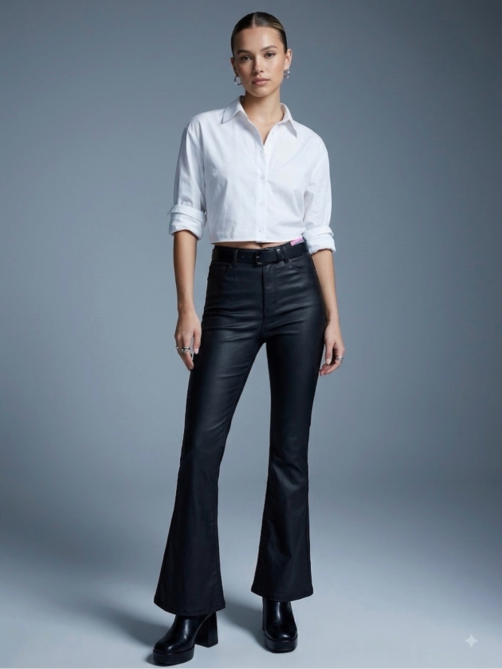 Edikted Luna High Rise black faux leather flare pants minimalist medium
